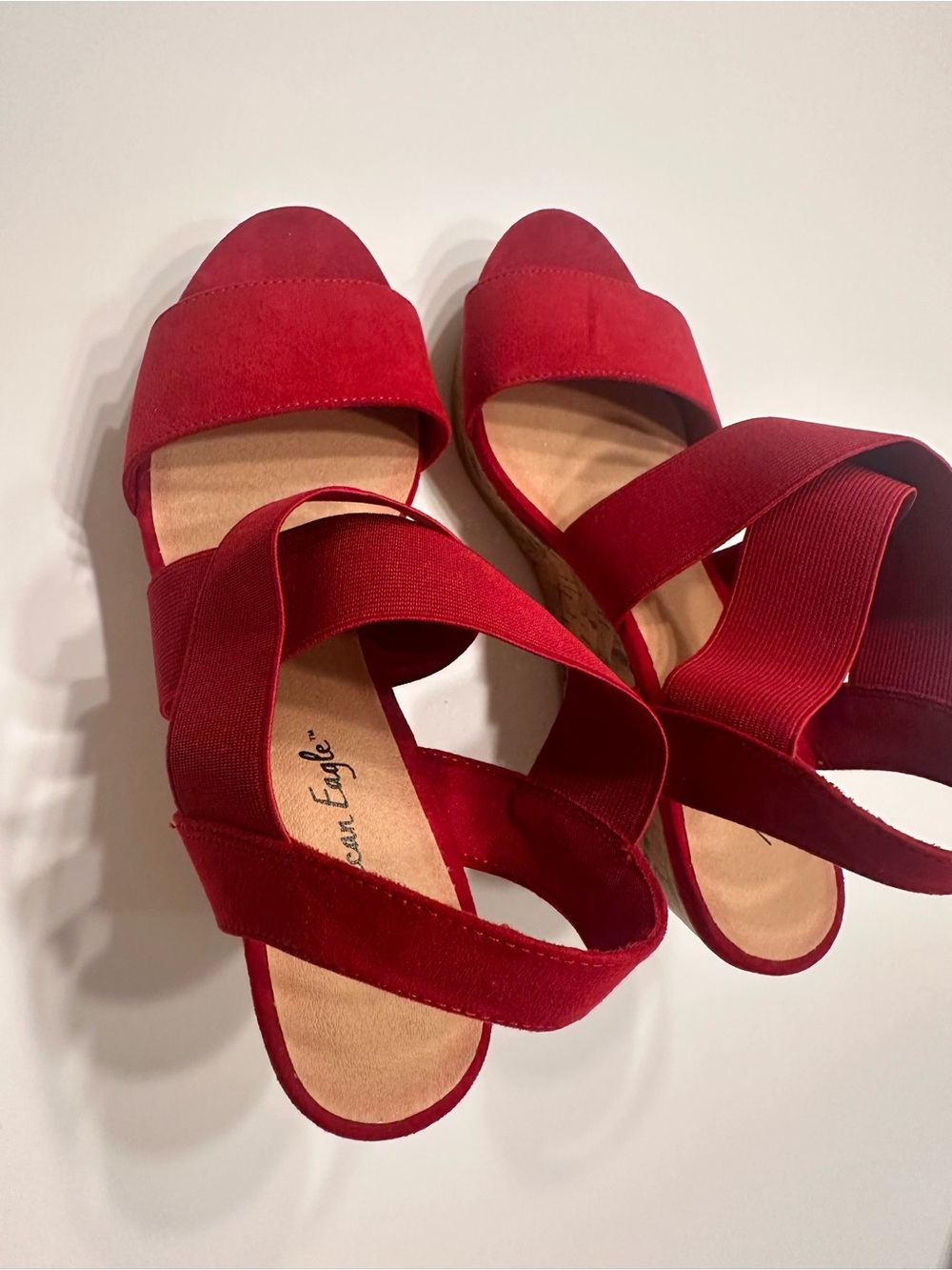 American Eagle Red Cork Wedge Crisscross Sandals - Size 7